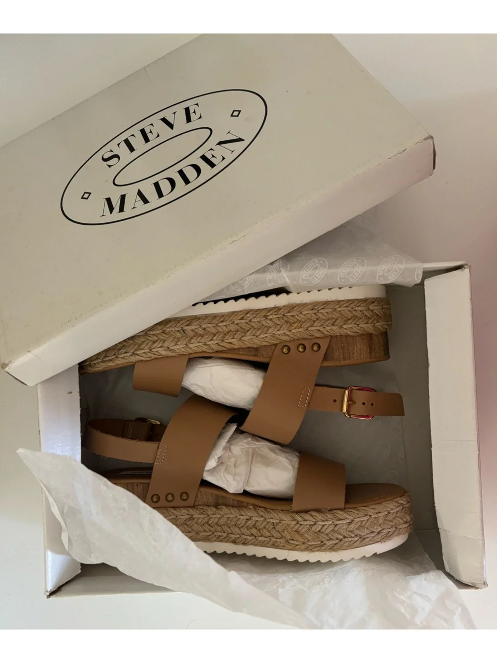 Steve Madden CICI Nude Leather Espadrille Wedge Sandals - Size 8 (NWT)
